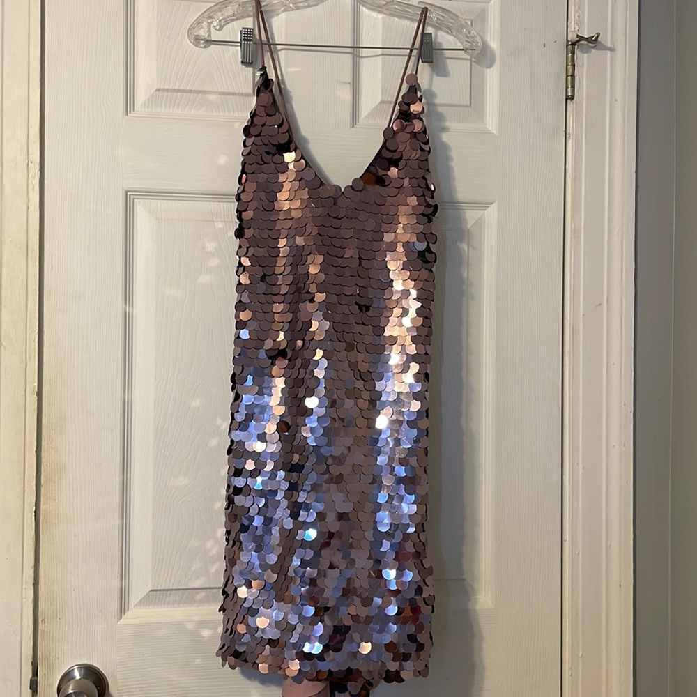 Adelyn Rae purple sequined dress with spaghetti straps